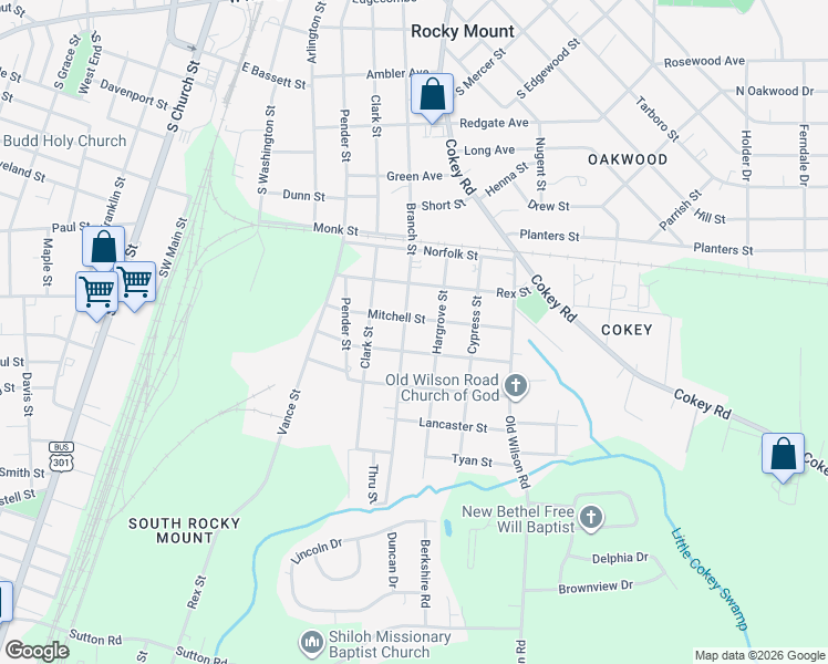 map of restaurants, bars, coffee shops, grocery stores, and more near 1324 Hargrove Street in Rocky Mount