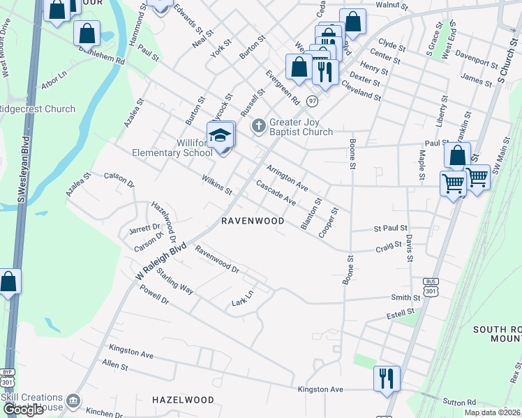 map of restaurants, bars, coffee shops, grocery stores, and more near 609 Nelson Street in Rocky Mount