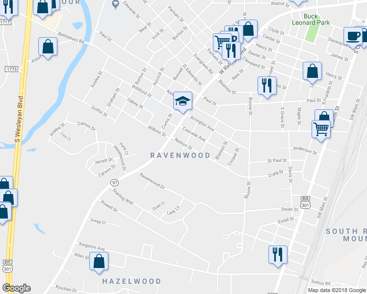 map of restaurants, bars, coffee shops, grocery stores, and more near 1612 Betz Street in Rocky Mount