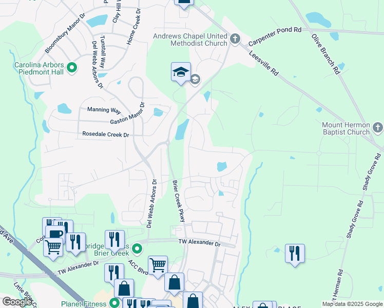 map of restaurants, bars, coffee shops, grocery stores, and more near 124 Pepperwood Way in Durham