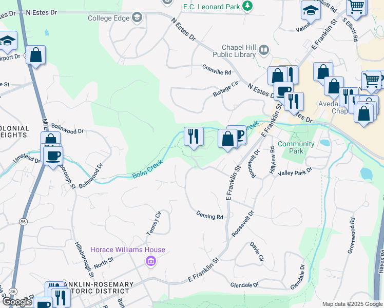 map of restaurants, bars, coffee shops, grocery stores, and more near 116 Wild Iris Lane in Chapel Hill