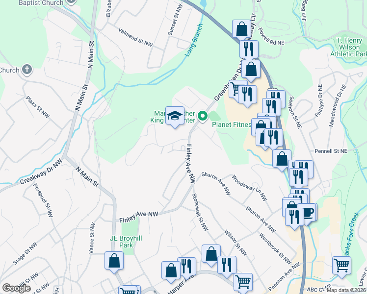map of restaurants, bars, coffee shops, grocery stores, and more near 311 Harrington Street Northwest in Lenoir