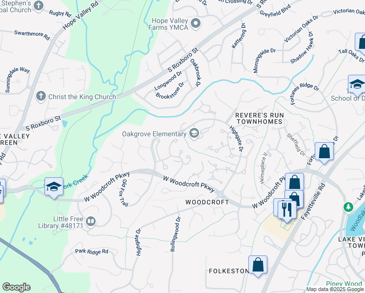 map of restaurants, bars, coffee shops, grocery stores, and more near 116 Old Maple Lane in Durham