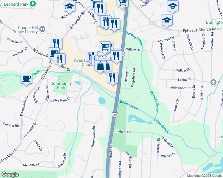 map of restaurants, bars, coffee shops, grocery stores, and more near 201 South Estes Drive in Chapel Hill