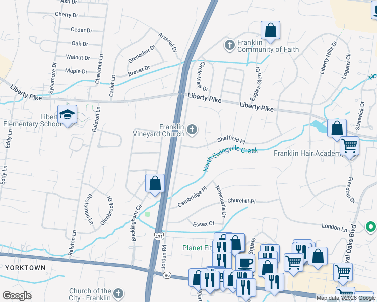 map of restaurants, bars, coffee shops, grocery stores, and more near 104 Sheffield Place in Franklin