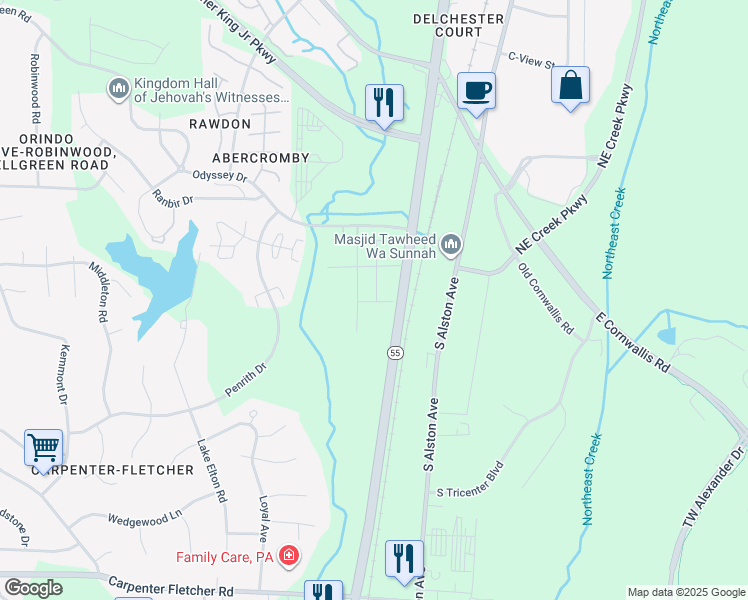 map of restaurants, bars, coffee shops, grocery stores, and more near Crater Lake Way in Durham