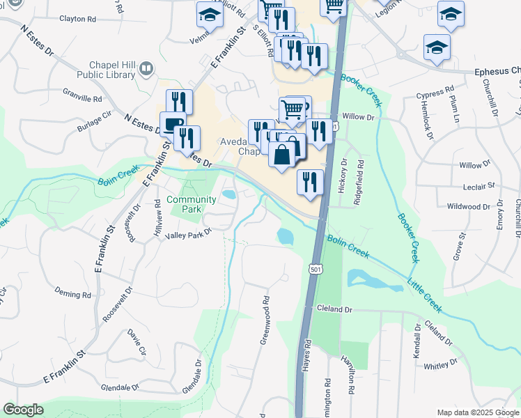 map of restaurants, bars, coffee shops, grocery stores, and more near 250 South Estes Drive in Chapel Hill