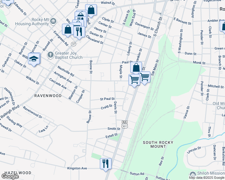 map of restaurants, bars, coffee shops, grocery stores, and more near 1430 Davis Street in Rocky Mount