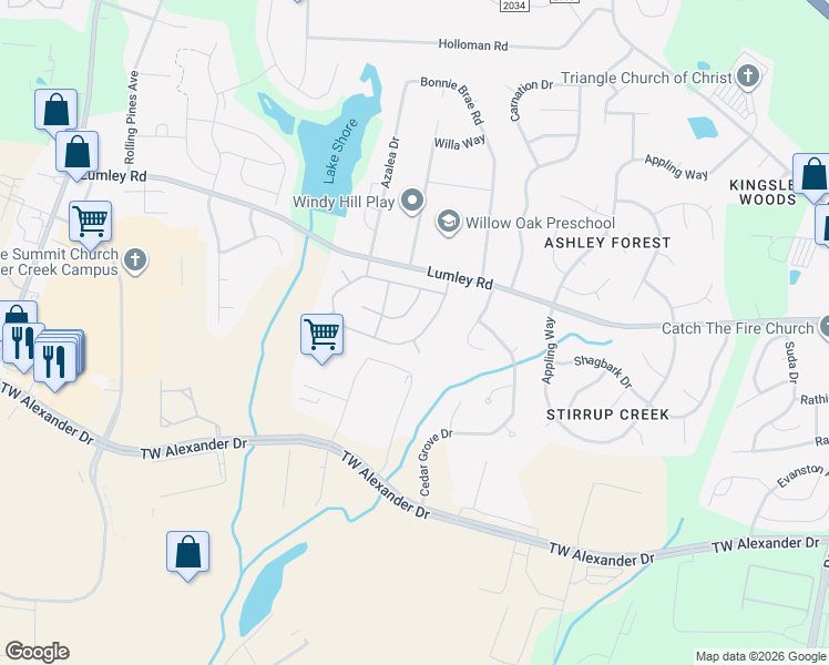 map of restaurants, bars, coffee shops, grocery stores, and more near 2826 Skybrook Lane in Durham
