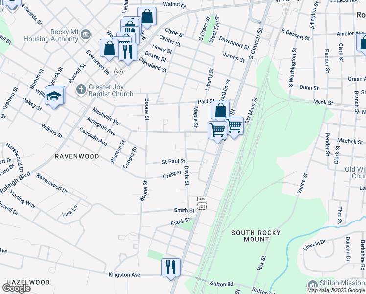 map of restaurants, bars, coffee shops, grocery stores, and more near 1430 Davis Street in Rocky Mount