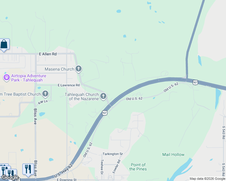 map of restaurants, bars, coffee shops, grocery stores, and more near 20474 East Allen Road in Tahlequah