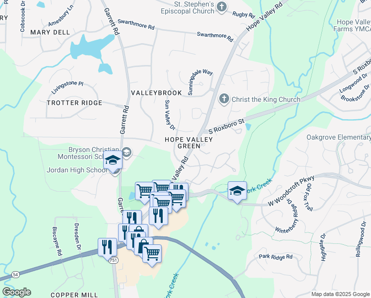 map of restaurants, bars, coffee shops, grocery stores, and more near 6 Summertime Court in Durham
