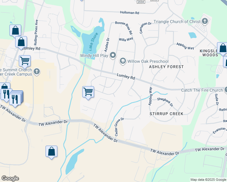 map of restaurants, bars, coffee shops, grocery stores, and more near 2826 Skybrook Lane in Durham