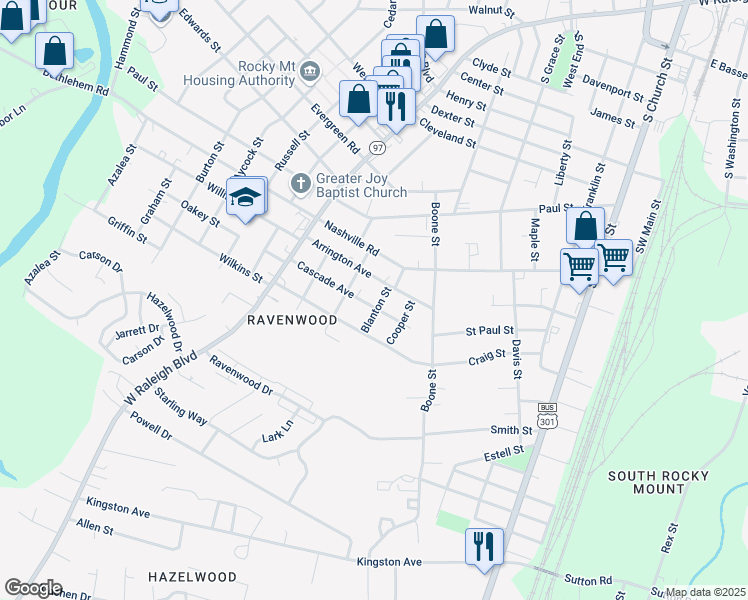 map of restaurants, bars, coffee shops, grocery stores, and more near 1500 Cooper Street in Rocky Mount