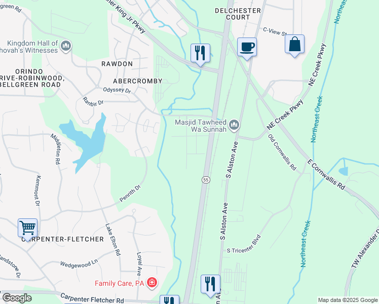 map of restaurants, bars, coffee shops, grocery stores, and more near 3614 North Carolina 55 in Durham