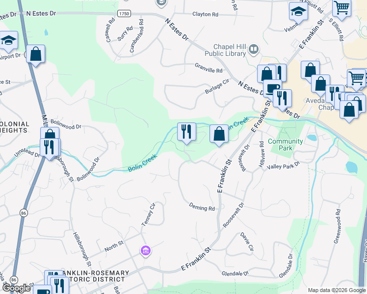 map of restaurants, bars, coffee shops, grocery stores, and more near 116 Wild Iris Lane in Chapel Hill