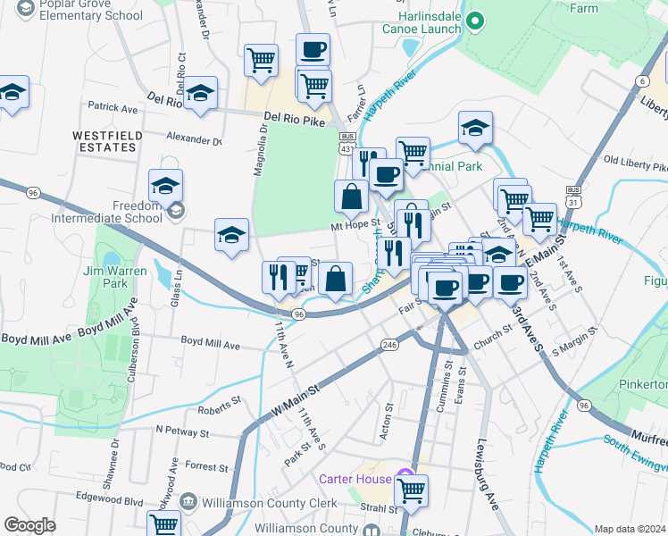 map of restaurants, bars, coffee shops, grocery stores, and more near 907 Green Street in Franklin