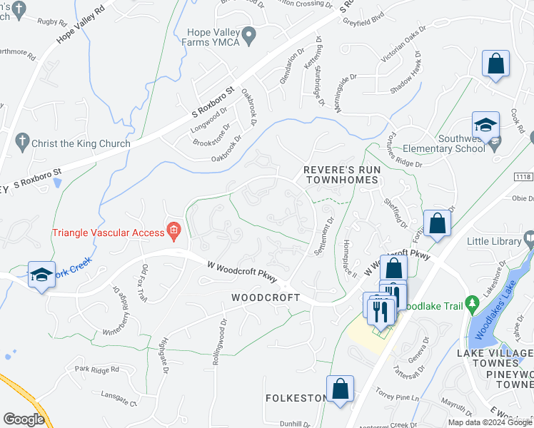 map of restaurants, bars, coffee shops, grocery stores, and more near 630 Windsong Lane in Durham