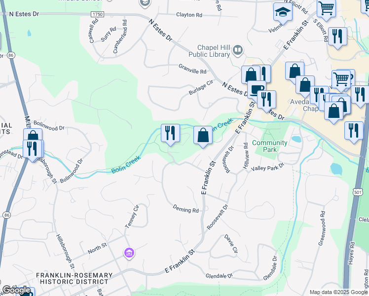 map of restaurants, bars, coffee shops, grocery stores, and more near 220 Elizabeth Street in Chapel Hill