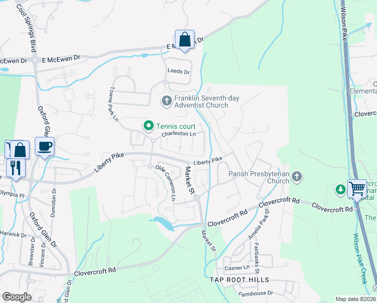 map of restaurants, bars, coffee shops, grocery stores, and more near 1311 Citadel Court in Franklin