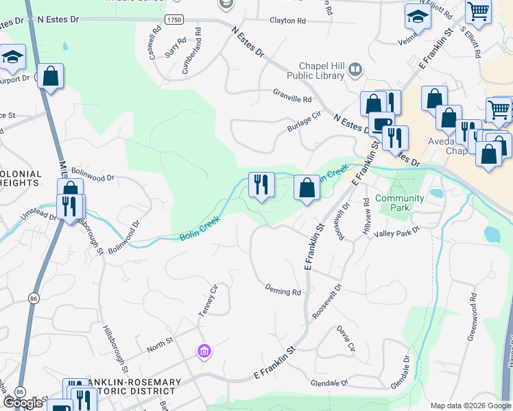 map of restaurants, bars, coffee shops, grocery stores, and more near 116 Wild Iris Lane in Chapel Hill