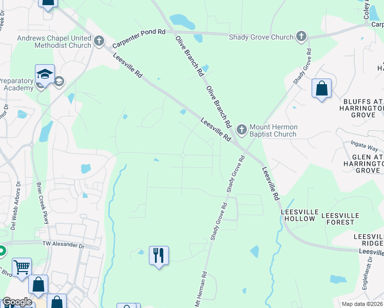 map of restaurants, bars, coffee shops, grocery stores, and more near 7218 Leesville Road in Durham