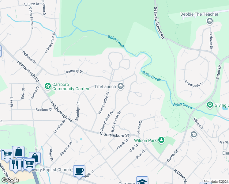 map of restaurants, bars, coffee shops, grocery stores, and more near 407 Robert Hunt Drive in Carrboro