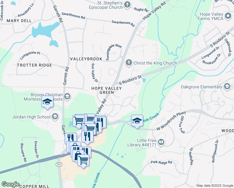map of restaurants, bars, coffee shops, grocery stores, and more near 4523 Hope Valley Road in Durham