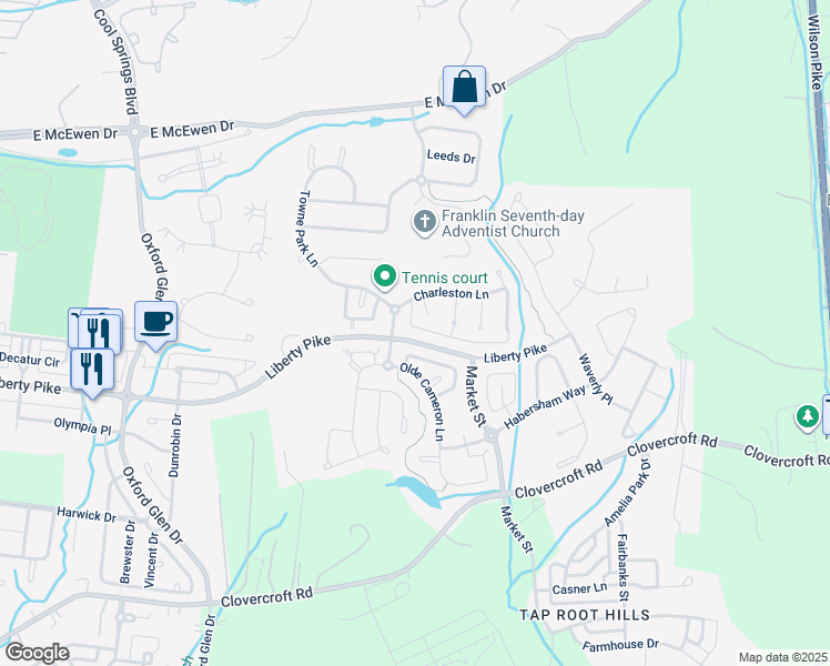 map of restaurants, bars, coffee shops, grocery stores, and more near 1722 Liberty Pike in Franklin