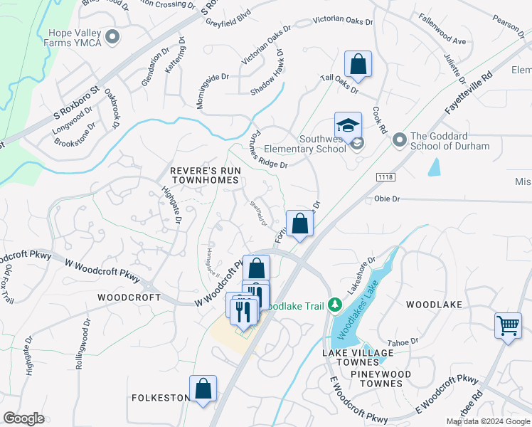 map of restaurants, bars, coffee shops, grocery stores, and more near 5500 Fortune's Ridge Drive in Durham