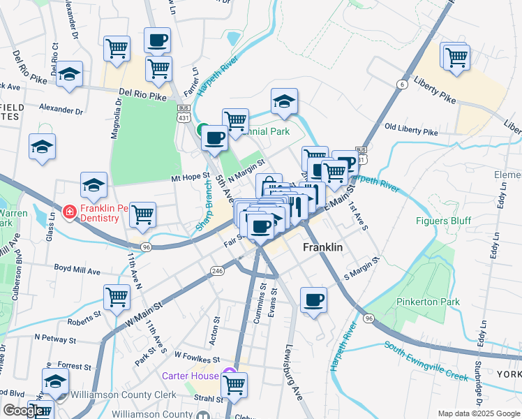 map of restaurants, bars, coffee shops, grocery stores, and more near 117 4th Avenue North in Franklin