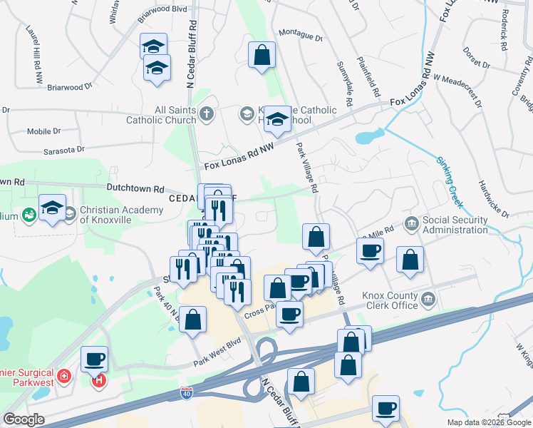 map of restaurants, bars, coffee shops, grocery stores, and more near Dunbarton Lane in Knoxville