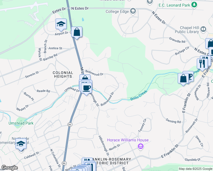 map of restaurants, bars, coffee shops, grocery stores, and more near 700 Bolinwood Drive in Chapel Hill
