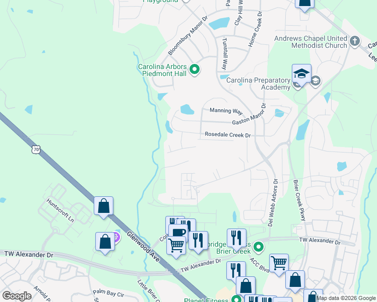 map of restaurants, bars, coffee shops, grocery stores, and more near 1206 Oysterwood Lane in Durham