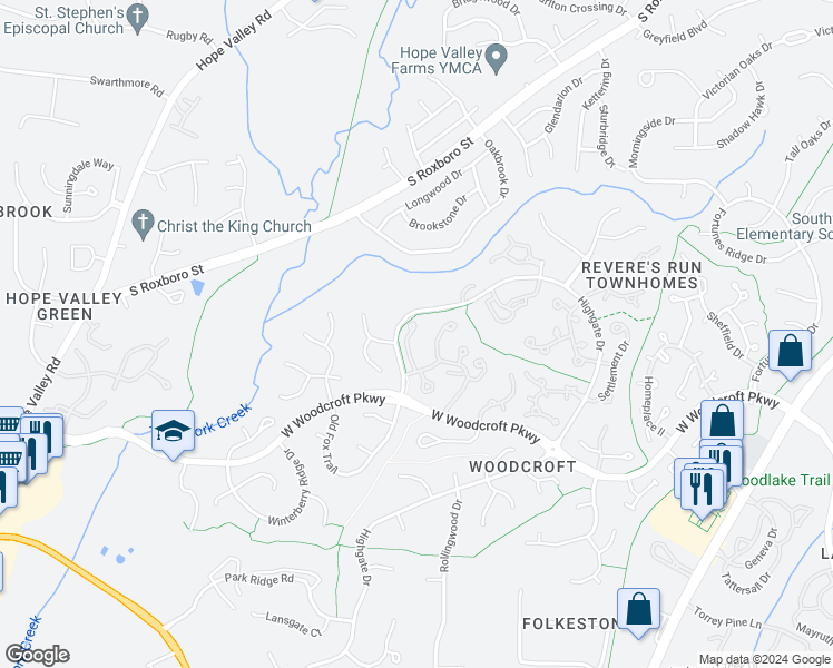 map of restaurants, bars, coffee shops, grocery stores, and more near 126 Timber Ridge Drive in Durham