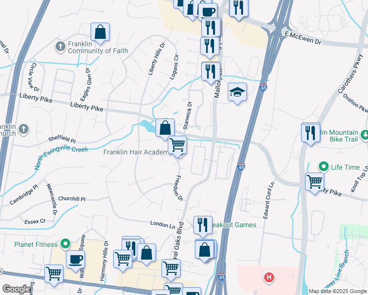 map of restaurants, bars, coffee shops, grocery stores, and more near 621 Independence Drive East in Franklin