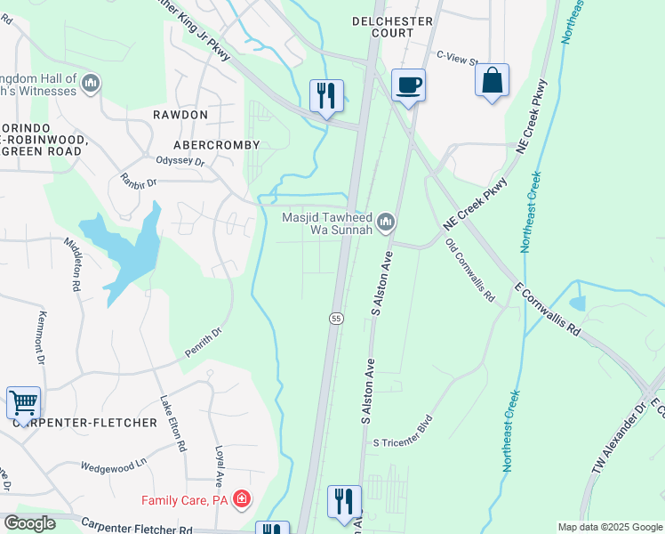 map of restaurants, bars, coffee shops, grocery stores, and more near 3600-3614 Apex Highway in Durham