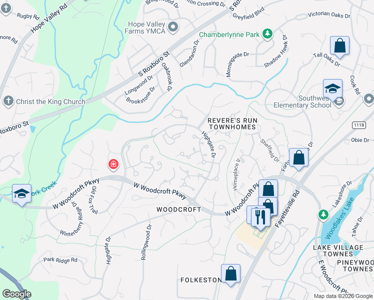 map of restaurants, bars, coffee shops, grocery stores, and more near 7 Hearthwood Circle in Durham