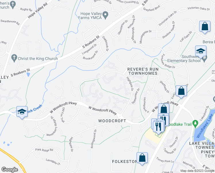 map of restaurants, bars, coffee shops, grocery stores, and more near 3706 Chimney Ridge Place in Durham