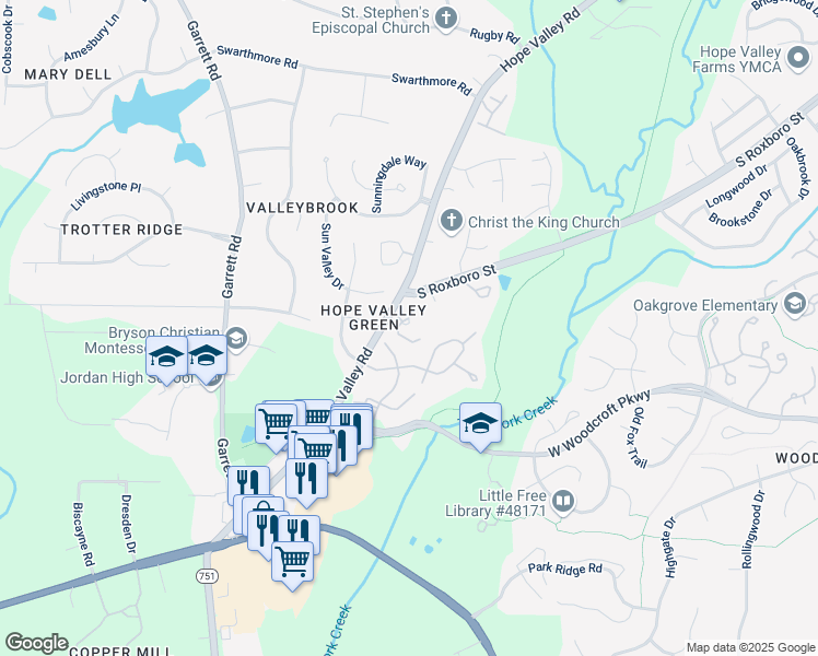 map of restaurants, bars, coffee shops, grocery stores, and more near 4500 Hope Valley Road in Durham