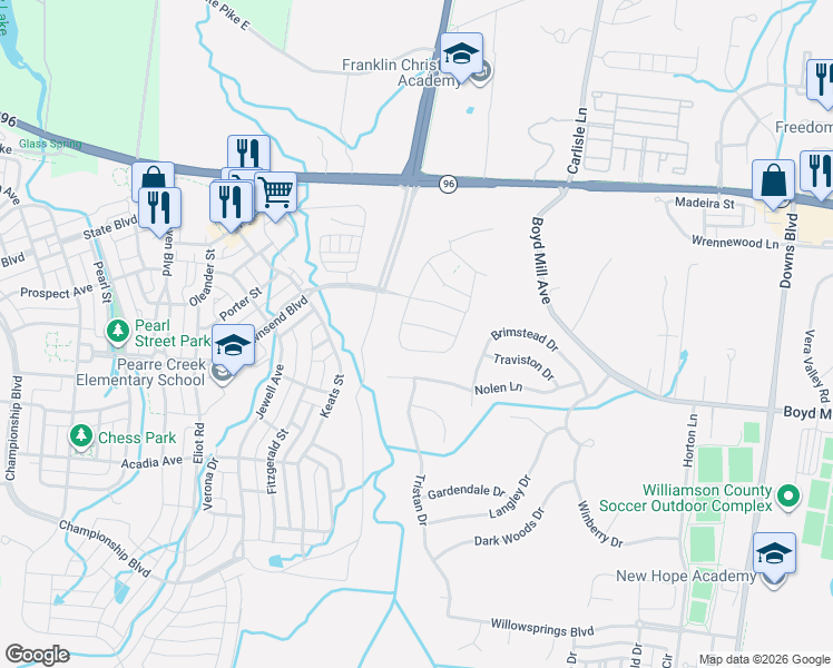 map of restaurants, bars, coffee shops, grocery stores, and more near 1777 New Highway 96 West in Franklin