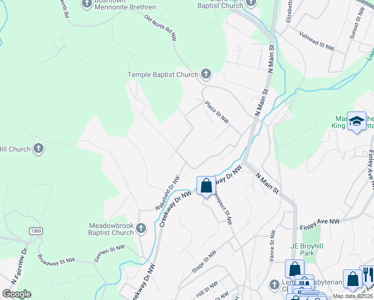 map of restaurants, bars, coffee shops, grocery stores, and more near 1302 Piedmont Drive Northwest in Lenoir