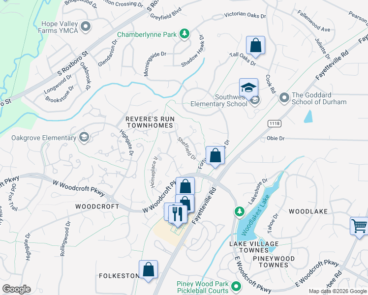 map of restaurants, bars, coffee shops, grocery stores, and more near 5500 Fortunes Ridge Drive in Durham