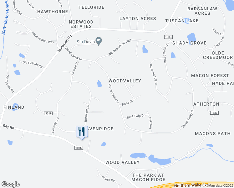 map of restaurants, bars, coffee shops, grocery stores, and more near 5016 Wood Valley Drive in Raleigh