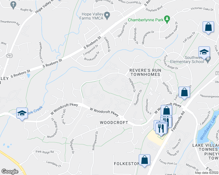 map of restaurants, bars, coffee shops, grocery stores, and more near 3706 Chimney Ridge Place in Durham