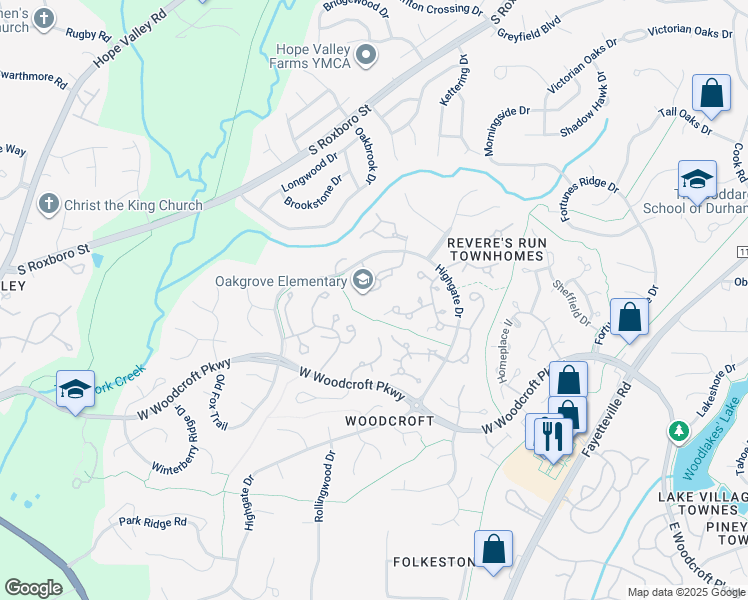 map of restaurants, bars, coffee shops, grocery stores, and more near 3704 Chimney Ridge Place in Durham