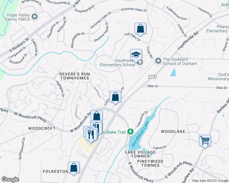 map of restaurants, bars, coffee shops, grocery stores, and more near 9 Greystone Court in Durham