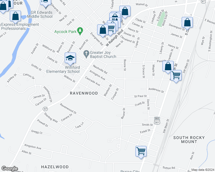 map of restaurants, bars, coffee shops, grocery stores, and more near 500 Cascade Avenue in Rocky Mount