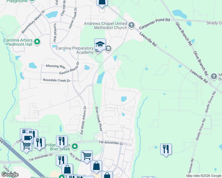 map of restaurants, bars, coffee shops, grocery stores, and more near 216 Silverhawk Lane in Durham