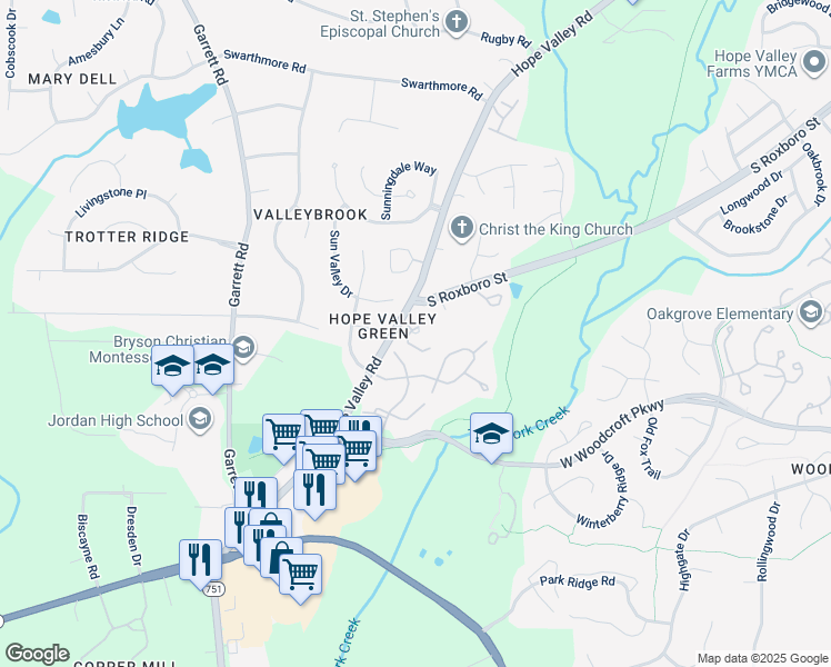 map of restaurants, bars, coffee shops, grocery stores, and more near 4523 Hope Valley Road in Durham